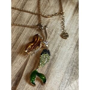 Betsey Johnson Gold Tone Mermaid Necklace Green Rhinestone Tail Enamel 18"